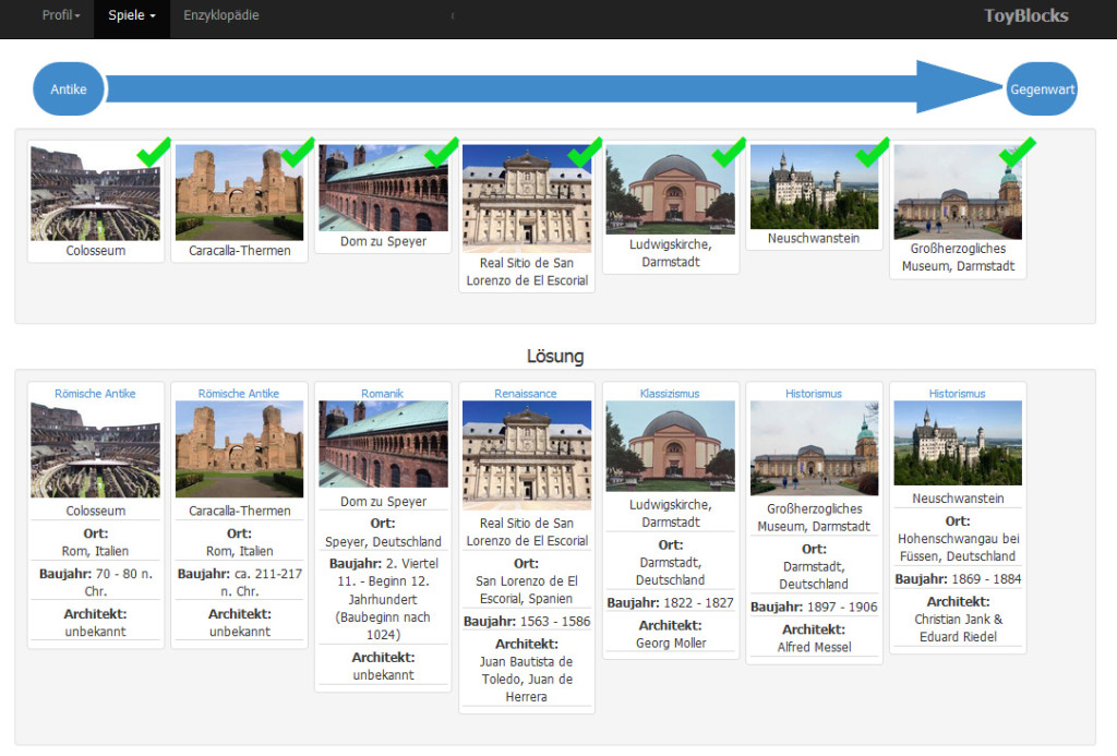 Abb. 2: ToyBlocks-Spiel “Zeitstrahl mit Lösung” (© TU Darmstadt / Fachbereich Architektur)