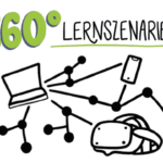 Grafik: VR-Brille, Laptop, Smartphone sind miteinander verbunden; der Schriftzug "360° Lernszenarien" als Überschrift
